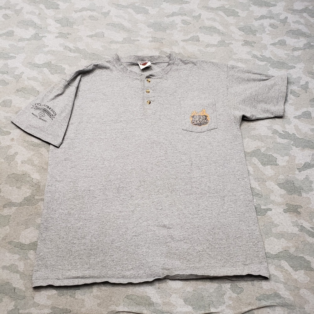 Vintage Harley Davidson Shirt Mens XL Gray Henley Short Sleeve Motorcycle
